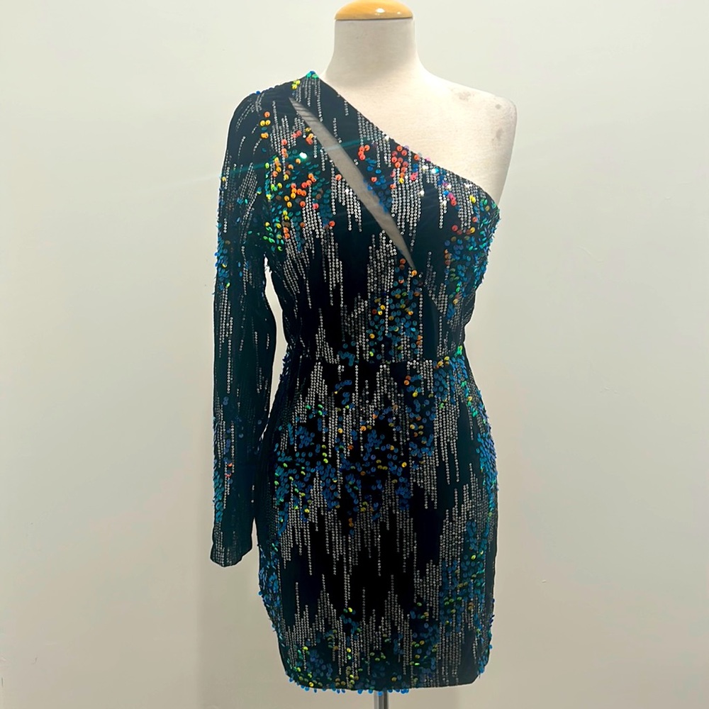 Fashion Nova Black One-Shoulder Sequin & Beaded Mini Dress